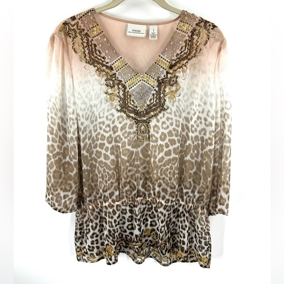 Chicos Size 1 US 8 Medium Top Sheer Leopard Sequin Peplum Shirt Animal Print - Picture 1 of 8